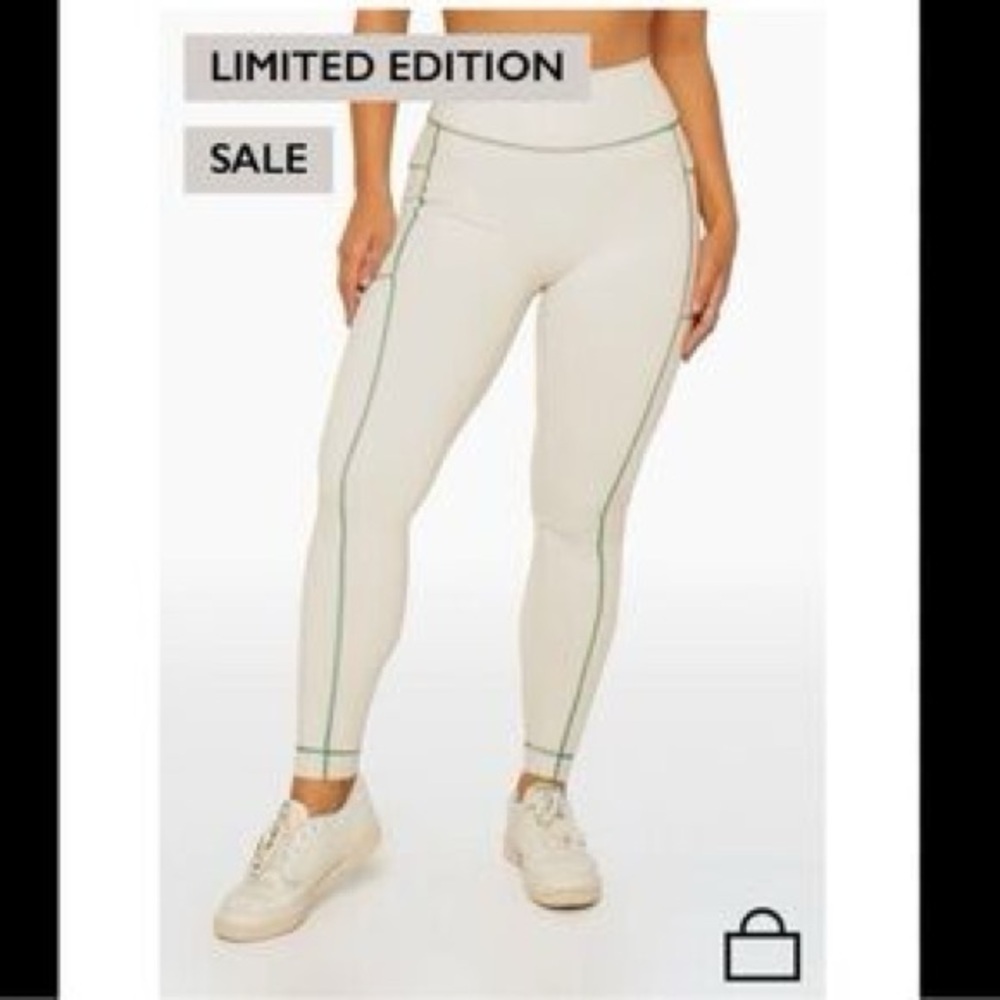 NWOT SET Active Sportbody COURTSIDE Leggings Ivory Green Contrast Stitch